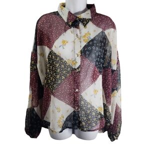 Willow Root Womens Size M Patchwork Floral Sheer Blouse
